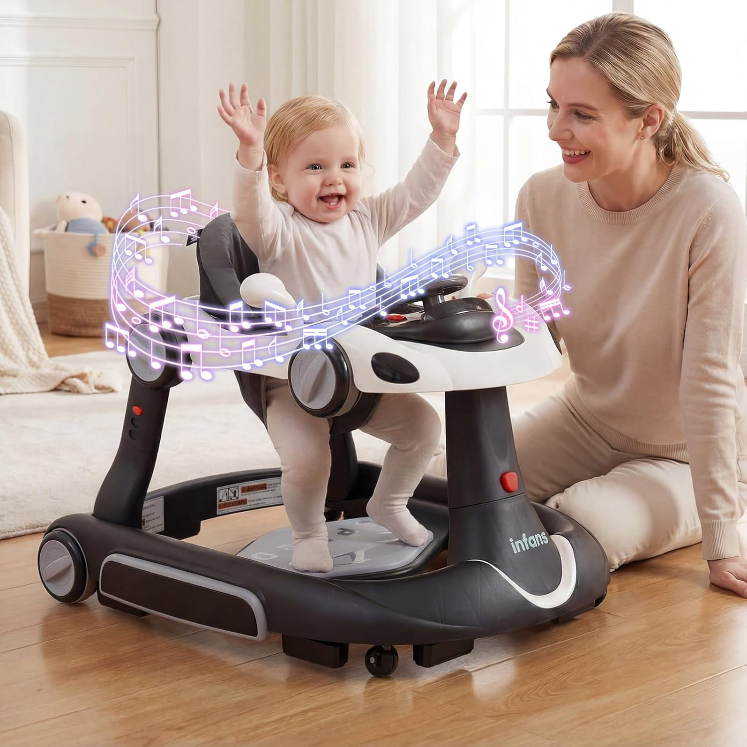 INFANS 6-in-1 Baby Walker, Converts Push Car to Bouncer, Rocker with Music, Lights, Adjustable Height & Speed, Activity Center, Canopy for 7-18 Months