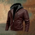 thumbnail image 2 of Men's Casual Solid-Colored Leather Jacket, Full-Zip Hooded Biker Jacket, Wine Red, M, 2 of 6