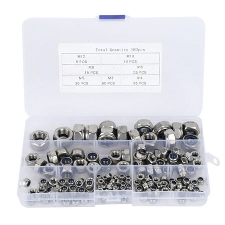 

304 Stainless Steel Self Locking Nuts M3 M4 M5 M6 M8 M10 M12 Hex Nuts Fasteners Kit(180pcs )
