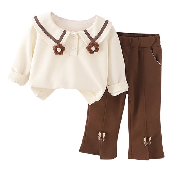 Odeerbi 1-5 Años Niñas Algodón Conjuntos Cuello Abotonado Manga Larga Tops Pantalones Pata Ancha Conjunto Dos Piezas Cuello Flor Camisa Pajarita