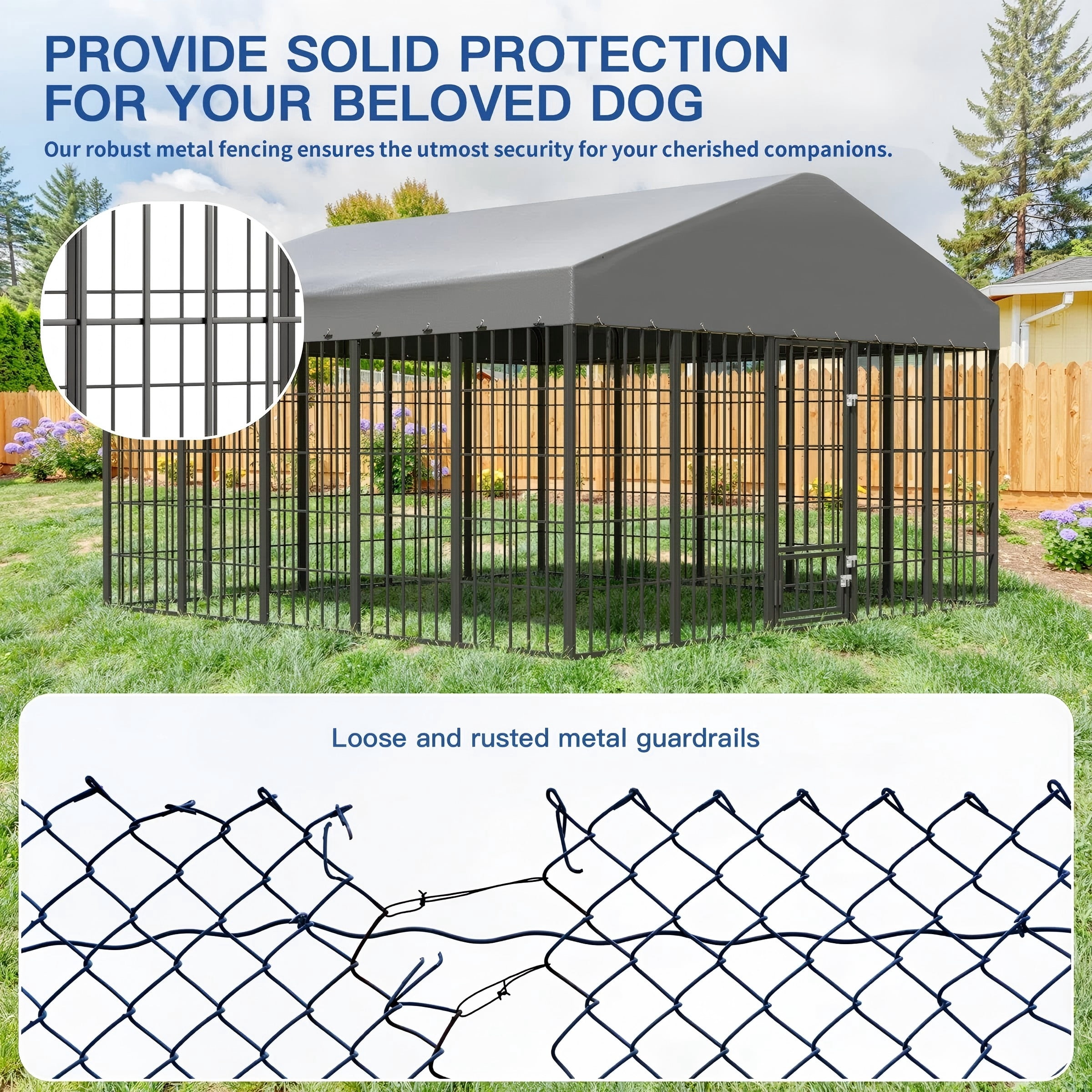 Gotland Large Outdoor Dog Kennel,118" L x 117" W x 75" H Heavy-Duty Modular Dog Cage with Waterproof Cover, UV-Resistant Roof, Anti-Rust Outdoor Dog Fence w/Double Security Locks for Backyard