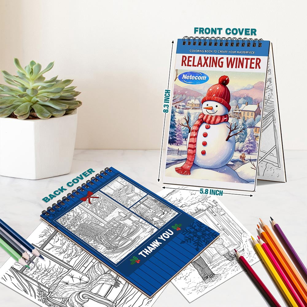 Netecom Relaxing Winter Coloring Book Spiral Bound For Adults, A5 Wooden Cover, 30 Calming Coloring Pages of Winter Scenes for Stress Relief and Relaxation