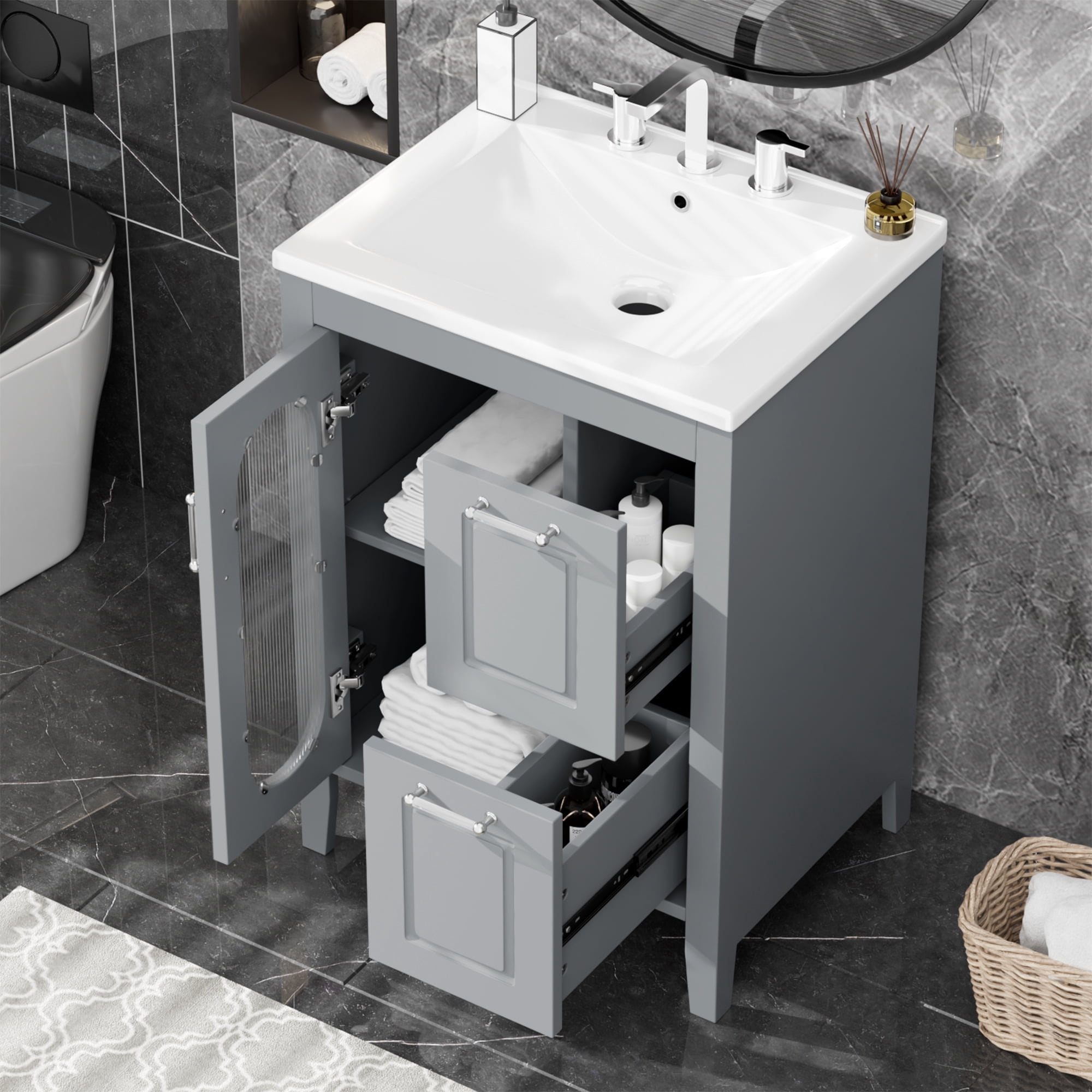 Harper & Bright Designs 24" Small Bathroom Vanity Sink Combo with Drawer , Wood Bathroom Floor Cabinet with Doors and Adjustable Shelf, Grey