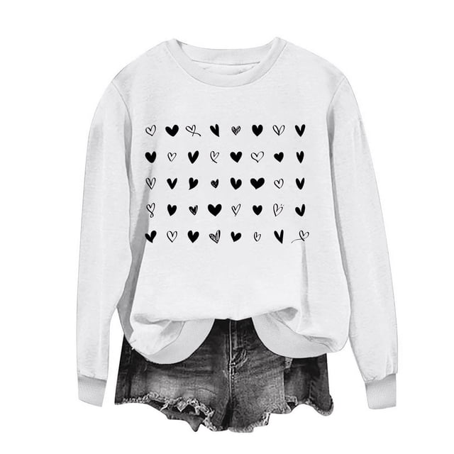 Penkiiy Chandail en Molleton Imprimé Cœur pour Femmes Manches Longues Col Rond Décontracté Ample Vintage Amour Graphique Chandail TP Blanc