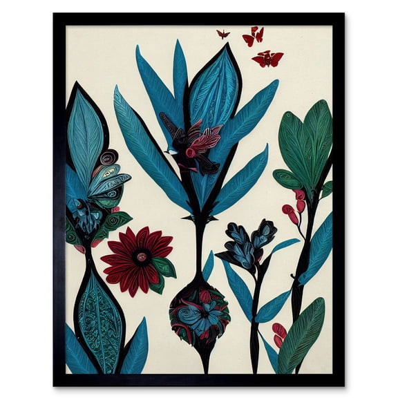 Abstract Paper Quilling Floral Blooms Flowers Butterflies Blue Burgundy Green Cream Art Print Framed Poster Wall Decor 12x16 inch