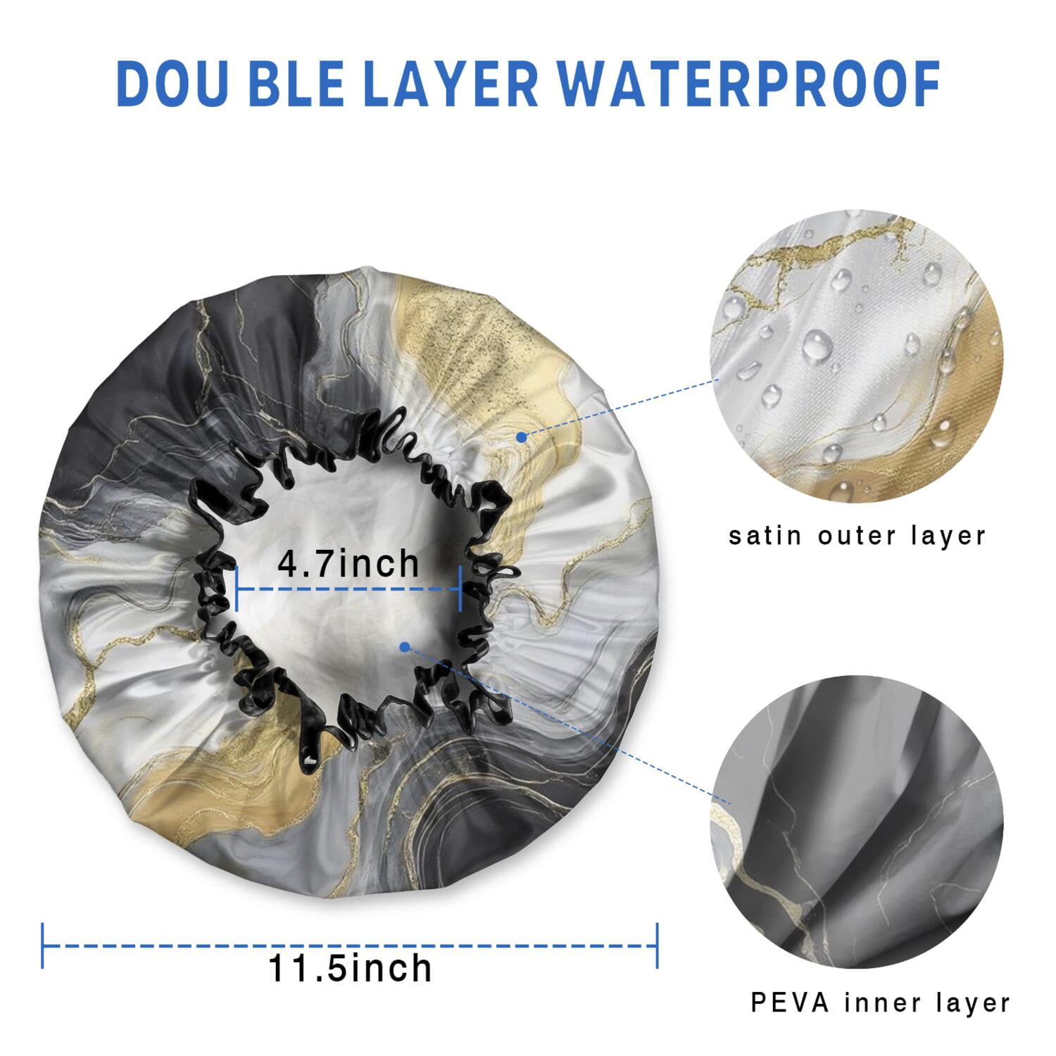 Shower Caps,Black Marble Gold Line Pattern Waterproof Shower Cap for Women 4 Pieces,Double Reusable Hair Cover for Shower PEVA Elastic Stretch Hem