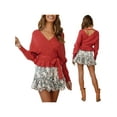 thumbnail image 3 of Txlixc Prendas de Punto de Estilo Suelto para Mujer, Jersey de Dobladillo con Volantes de Manga Larga con Cuello en V Profundo de Color Sólido Txlixc Moda, 3 of 7