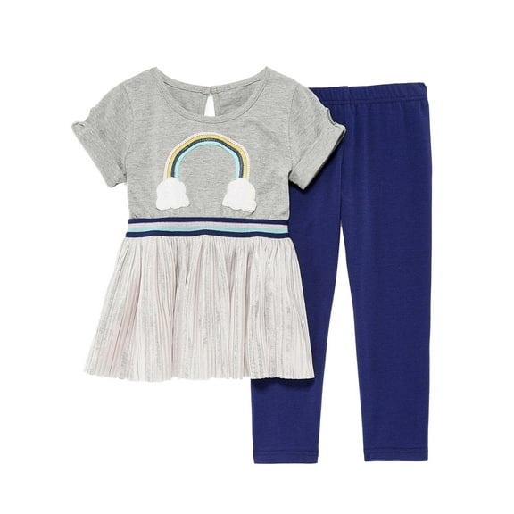 Toddler Girls Rainbow & Shiny Pink Dress Shirt & Navy Blue Legging Pant Set 2T