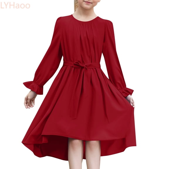 LYHaoo Girls' Long Sleeved Dress Stylish Flowy Semi Formal Party Dress With Belt,Dresses for Girls Sizes 5-6 Years Red
