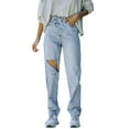 thumbnail image 3 of Women Irregular Waist Casual Ripped Straight High Waisted Straight Leg Bottom Jeans Pants Light Blue M, 3 of 9