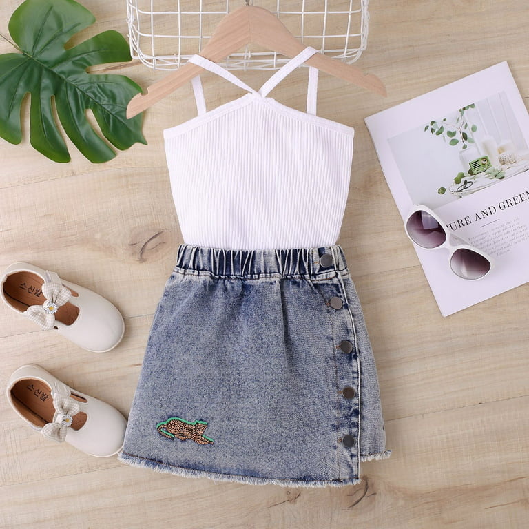 ZHAGHMIN Clothes for 11 Year Old Girls Kids Child Baby Girls Summer Set  Sleeveless Ribbed Vest Tops Cartoon Print Denim Skirt Outfits Set Clothes  Girl