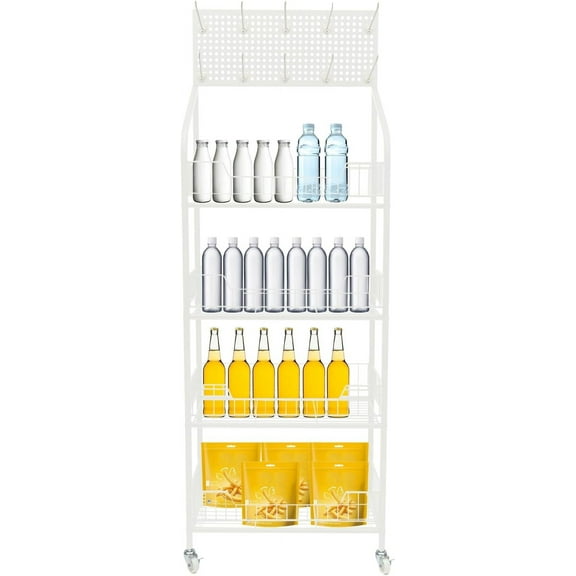 Retail Display Rack Stand with Wheels, 4 Tier Snack Candy  Chip Display Rack Stand with Hooks, Heavy Duty Metal Wire Storage Shelves,Snack Candy Display Organizer Basket Stand Cart, White