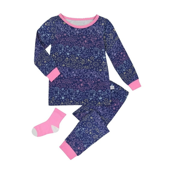 Sleep On It Infant Girls 2-Piece Super Soft Jersey Snug-Fit Pajama Set with Matching Socks - Unicorn Kitty, Size 12M