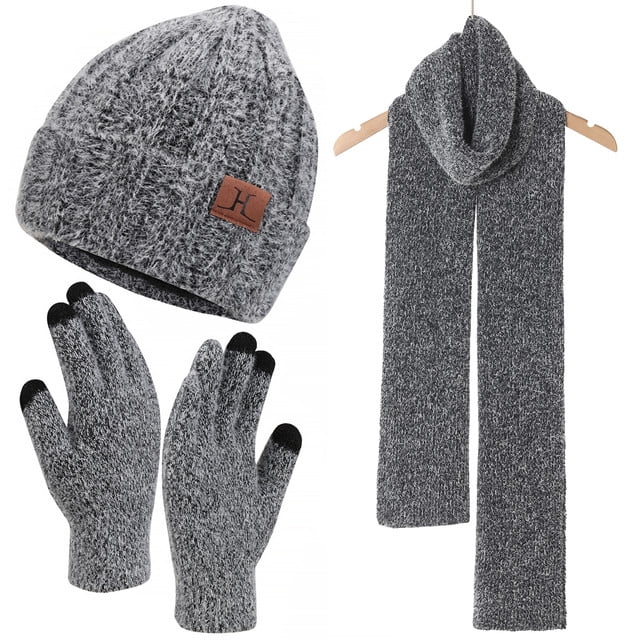 Womens Winter Warm Knit Beanie Hat Touchscreen Gloves Long Scarf Set ...