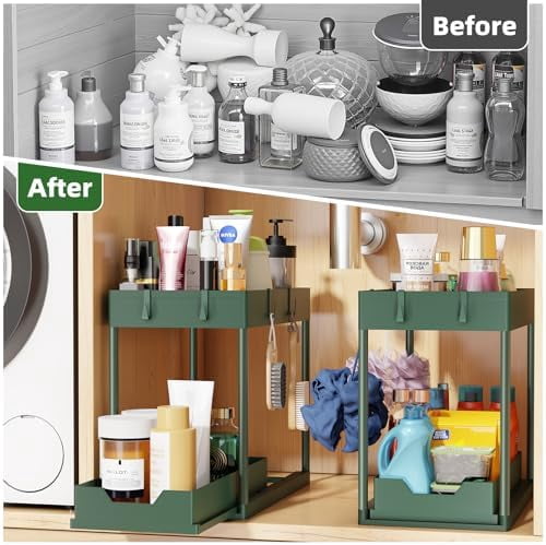 Under Sink Organizer 2 Pack, Sink Pull-Out Sliding Storage Cabinet, 2-Tier Under Shelf Organizer for Kitchen Bathroom, Green