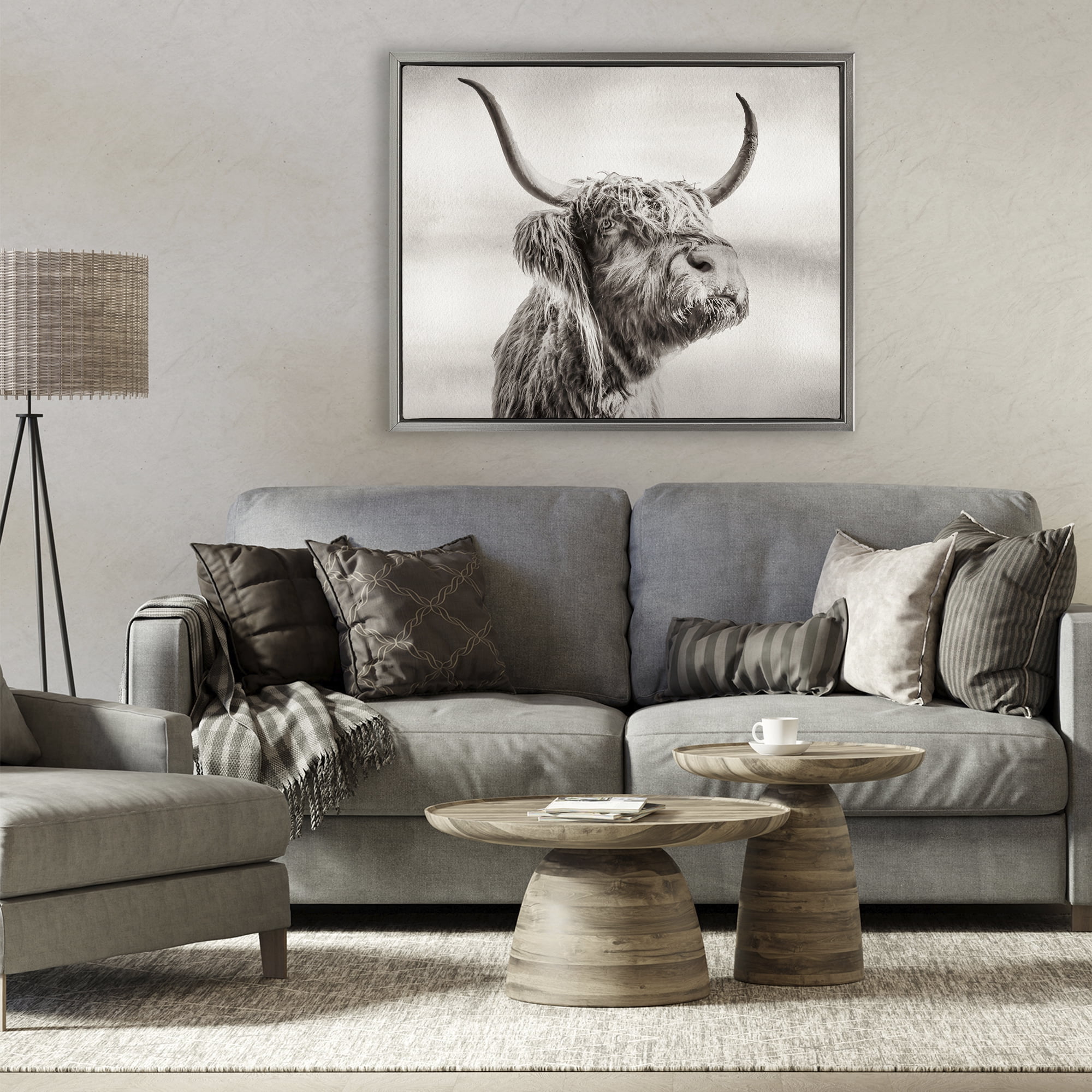 Stupell Industries Horned Highland Cow Gazing Gray Framed Floater Canvas Wall Art, design by Julia Frost