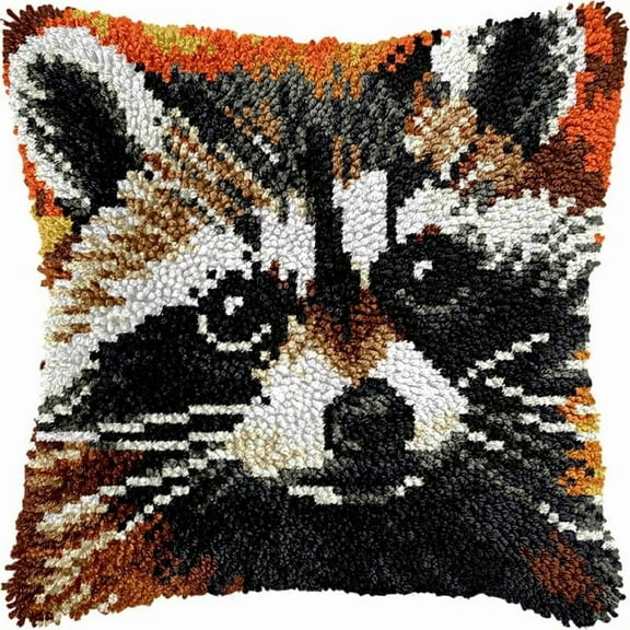 Raccoon Latch Hook Pillow Kits for DIY Handmade Throw Pillow Cushion Cross Stitch Latch Hooking Pillowcase Kits with Preprinted Canvas Crochet Yarn 17''X 17''(Y68)