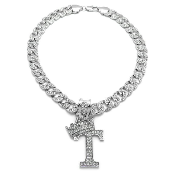 iJewelry2 Kings and Queens Crowned Initial Letter T Crystals Pendant Silver-tone Cuban Linked Chain Necklace