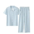 thumbnail image 3 of ITSAME Pajama Sets for Womens, Plaid Long Sleeve Notch Collar Tops Stretch Trousers Casual Cotton Loungewear 2-Piece Light Blue L, 3 of 3