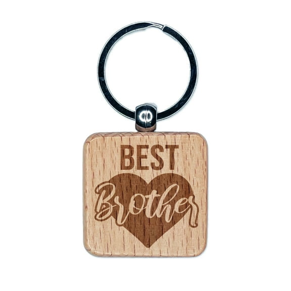 Best Brother in Heart Square Keychain Charm Tag - Engraved Wood