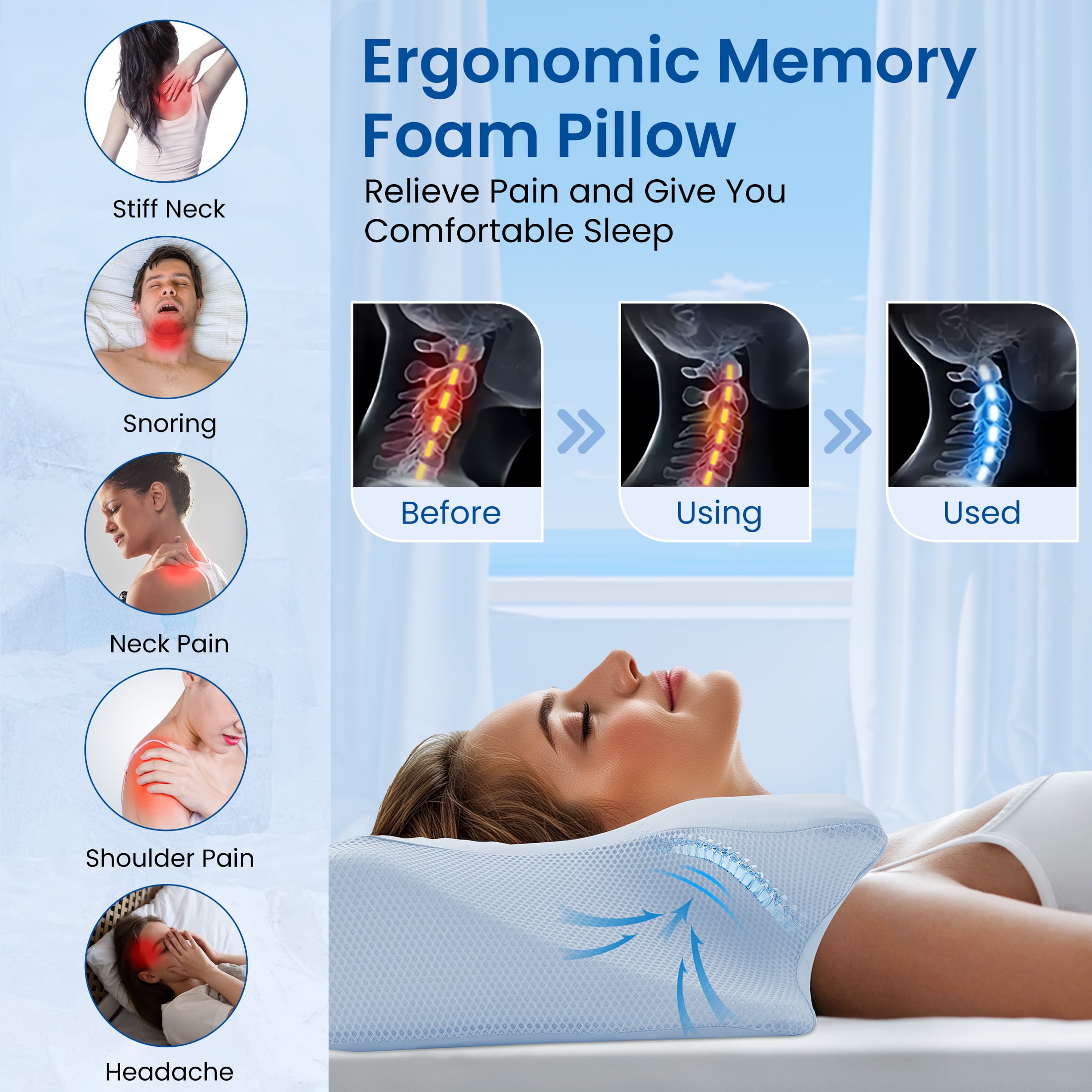 Vccoem Cervical Pillow for Neck Pain Relief, Ergonomic Hollow Design, Odorless Memory Foam Pillow for Sleeping, Orthopedic Contour Neck Support Pillows with Additional Pillowcase, Blue