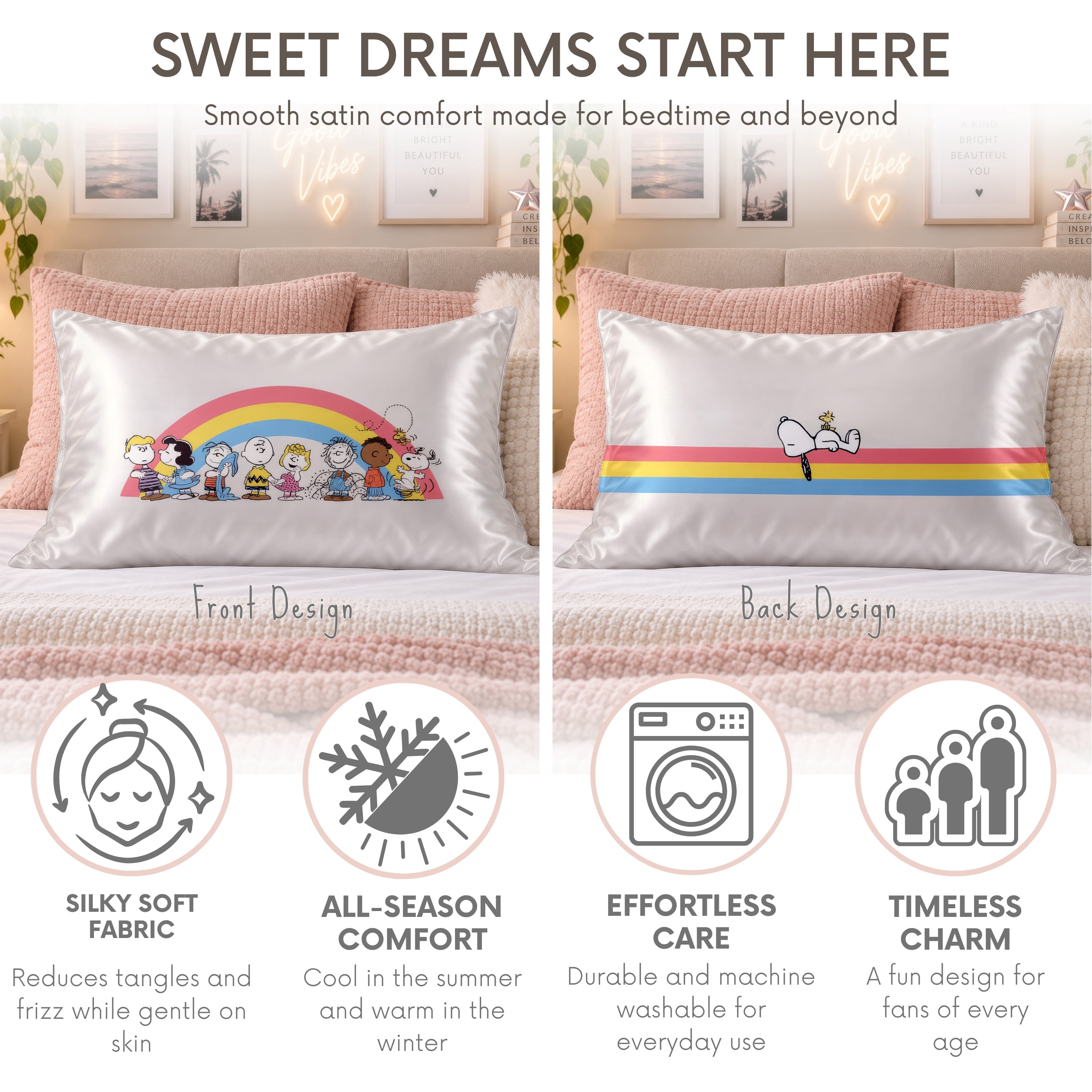 Peanuts Snoopy Reversible Silky Satin Pillowcase, Standard Size, 1-Pack