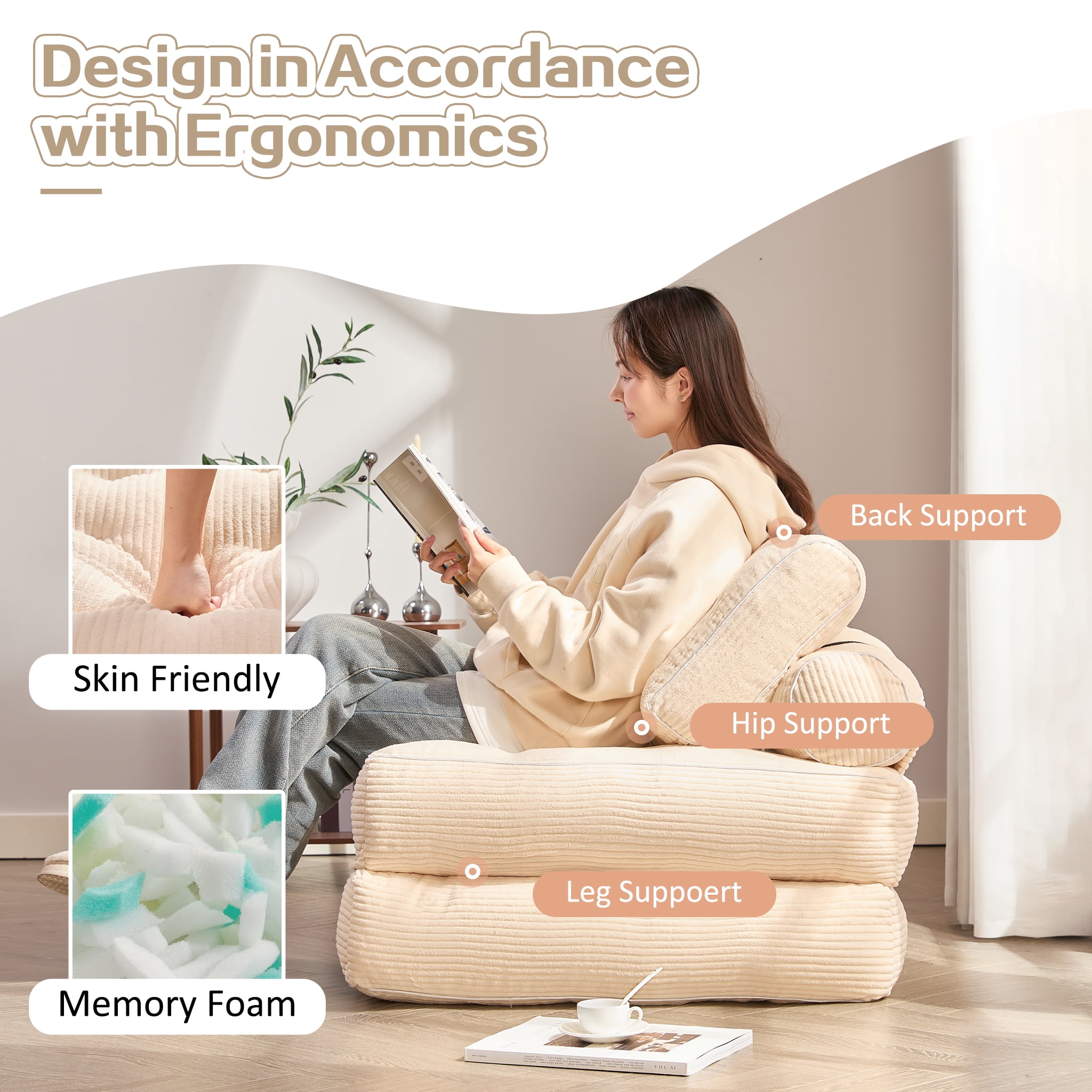 LAKPS Convertible Floor Sofa Bed, Corduroy Modular Lounge Chair with Backrest & Pillow, Folding Tatami Sofa Sleeper for Living Room, Bedroom, Dorm, White
