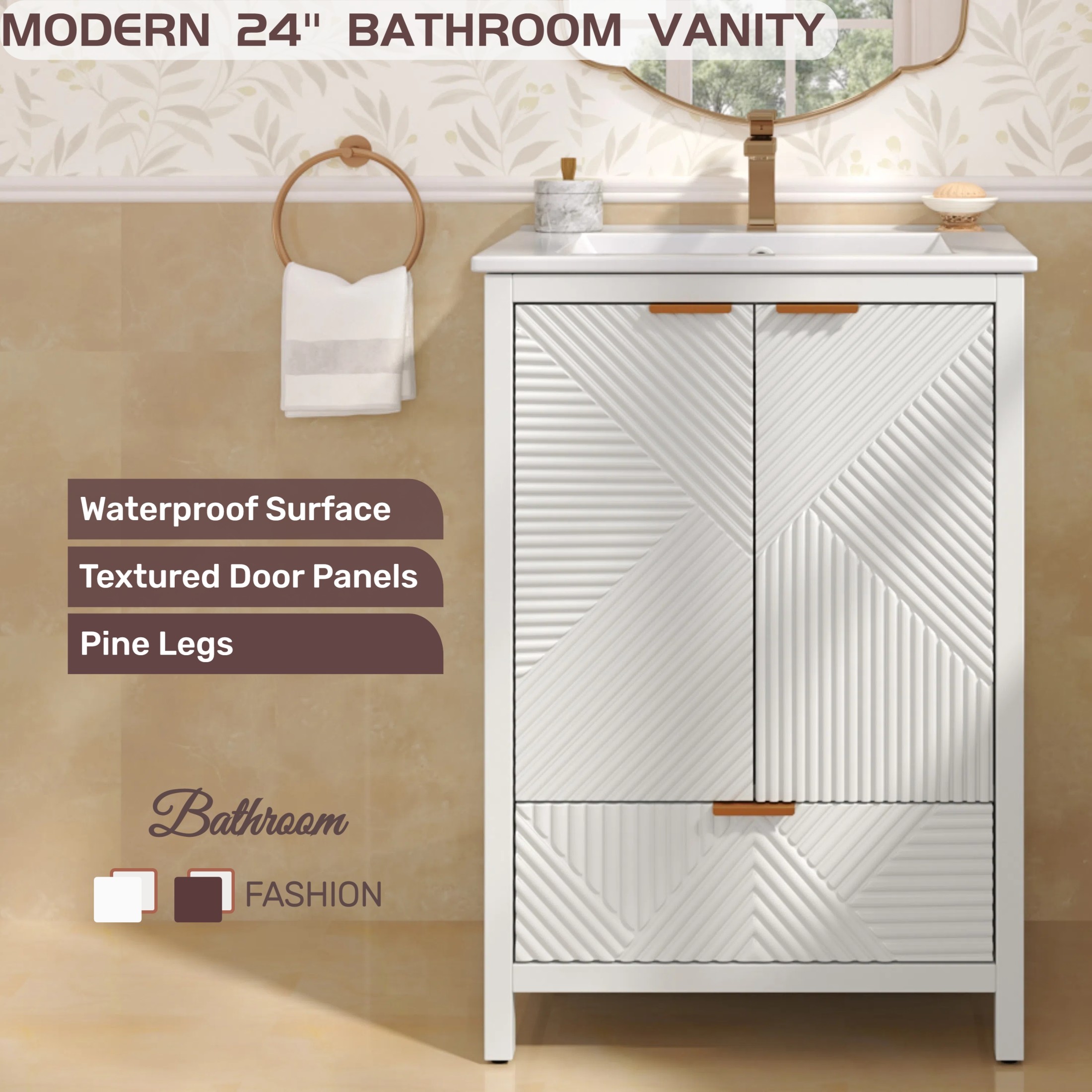 Christopher Knight Home 24" Modern Bathroom Vanity with Sink, Large Storage and Drawer, Soft Close, White