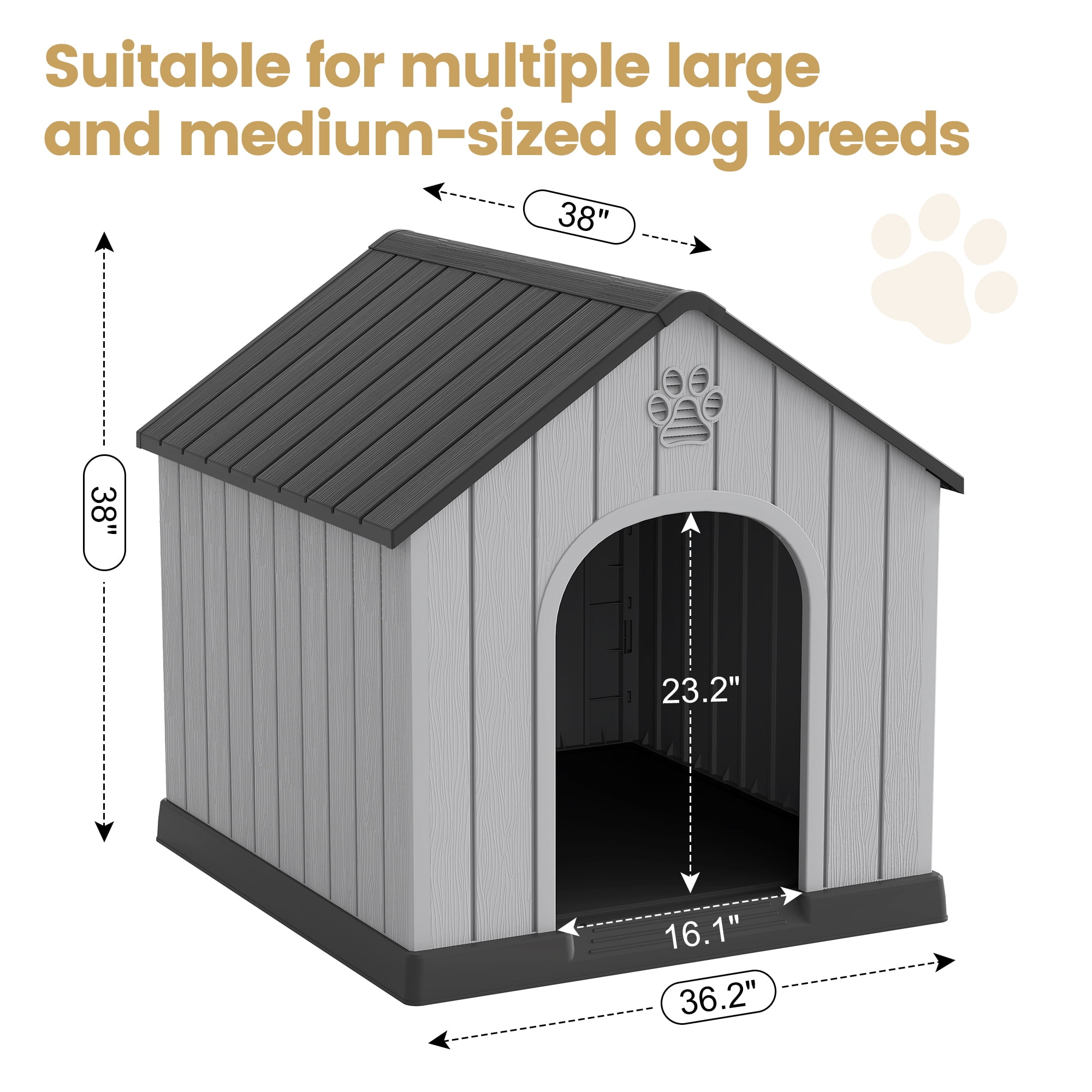 Bifanuo Large Dog House, PP Material Indoor Outdoor with Windows for Medium Large Dogs, Weatherproof Puppy Shelter with Elevated Floor & Air Vents, Easy Clean and Assemble (Black, 36.2"L×38"W×38"H)