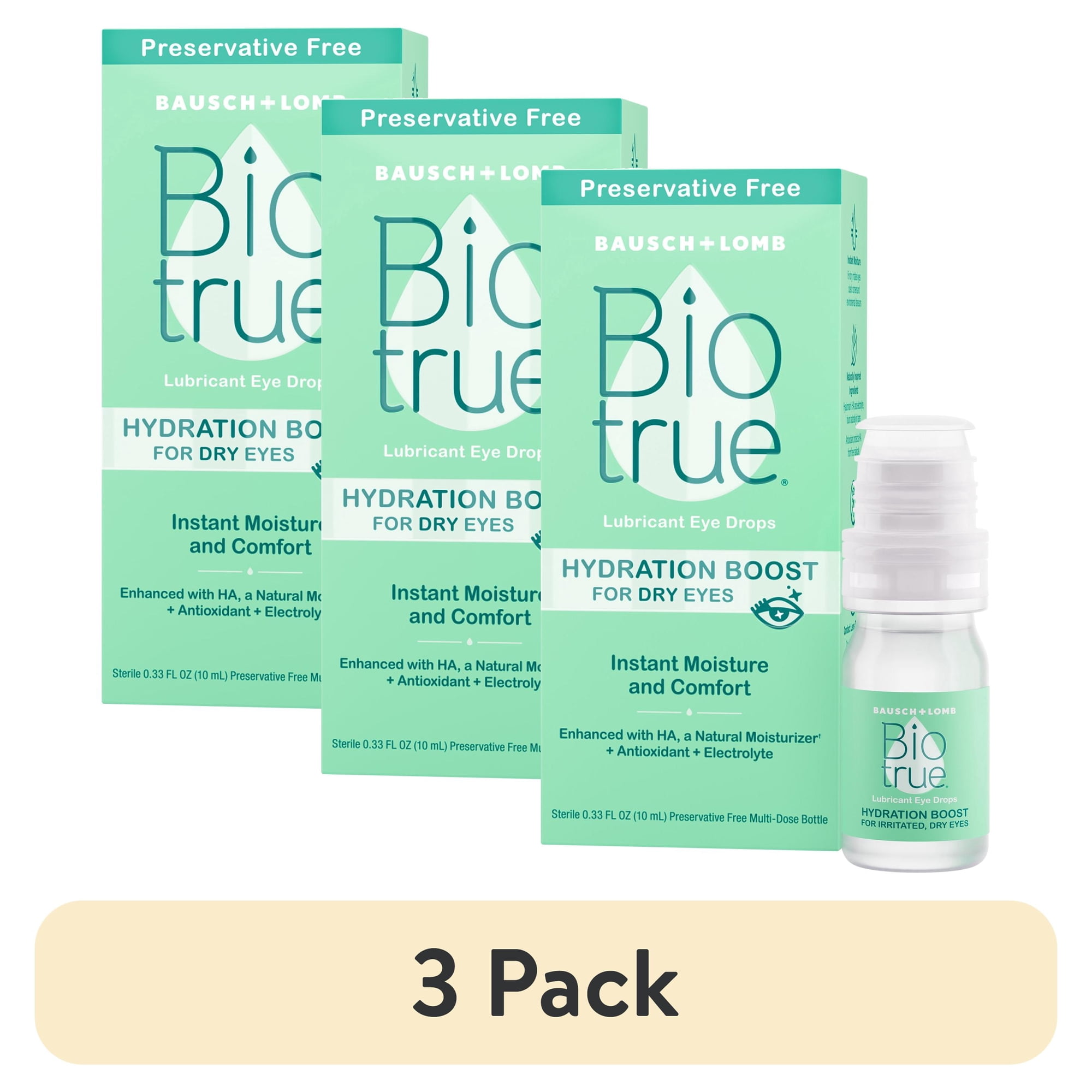 (3 pack) Biotrue Hydration Boost Preservative Free Eye Drops for Dry Eyes and Lubricant, 10 ml