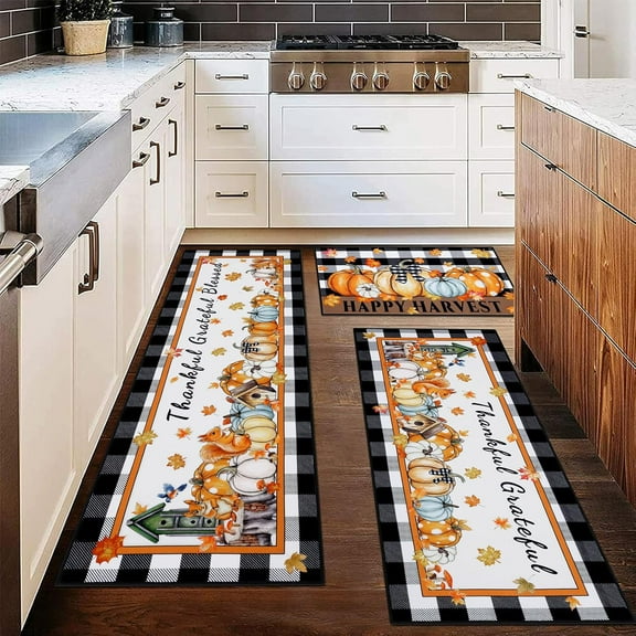 Fall Kitchen Rugs Set of 3 Piece Fall Kitchen Mats for Floor with Non Slip Backing,Washable Fall Runner Rug for Sink Laundry Hallway Indoor Holiday Thanksgiving Decoration(Plaid Pumpkins)