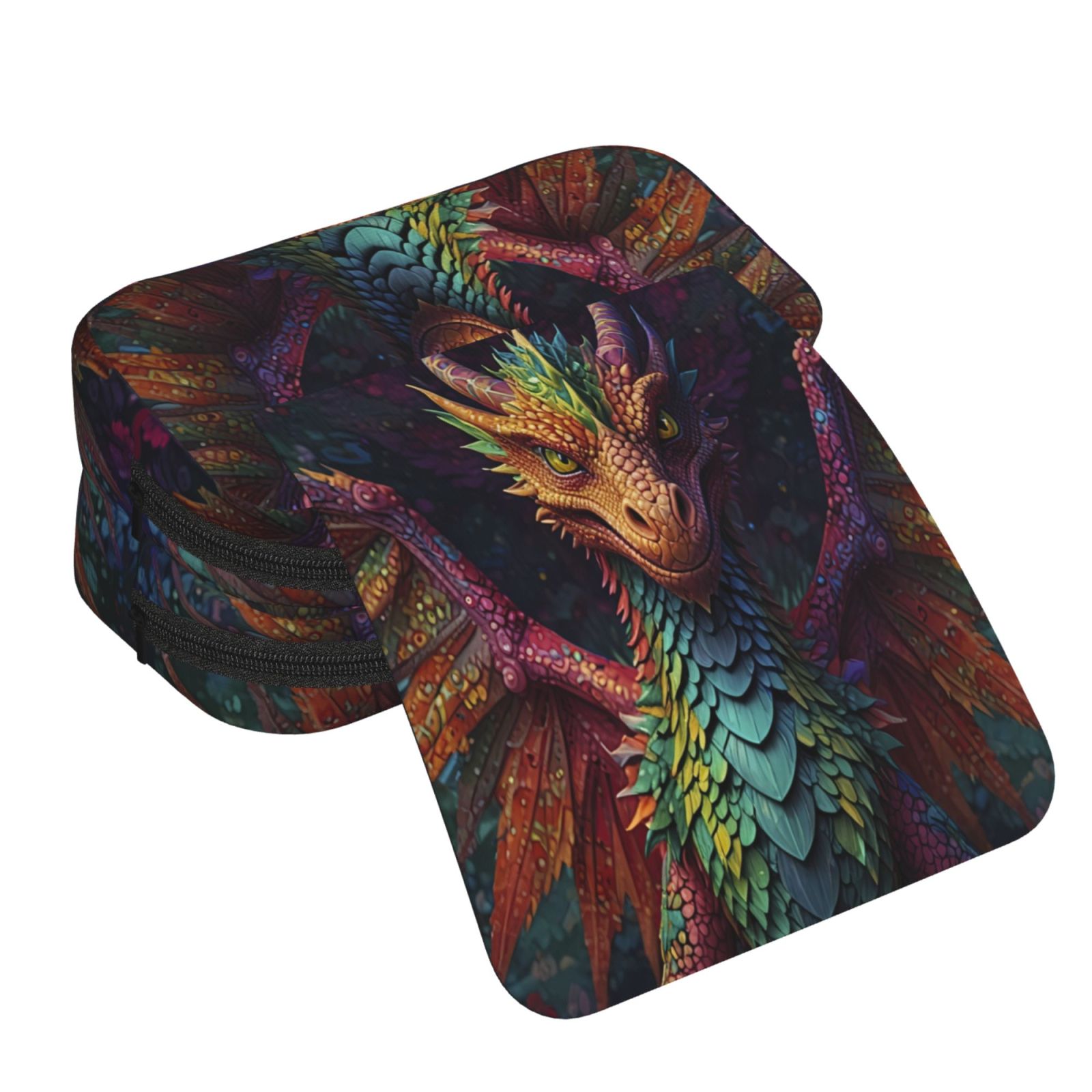 Rateoe Whimsical Dragon Color Cool Pattern Double Clamshell Pen Case, Storage Organizer with Two Zipper Compartments– Holds Up to 50 Pencils & Pens