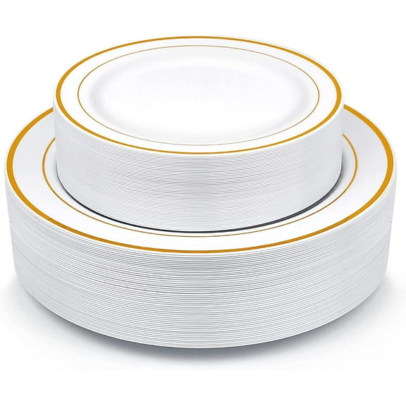 Gold Plastic Plates, 100 Pieces Disposable Party Plates for Weddings, Premium Gold Rim Plates, Include 50 10.25 Inch Dinner Plates and 50 7.5 Inch Dessert Appetizer Plates