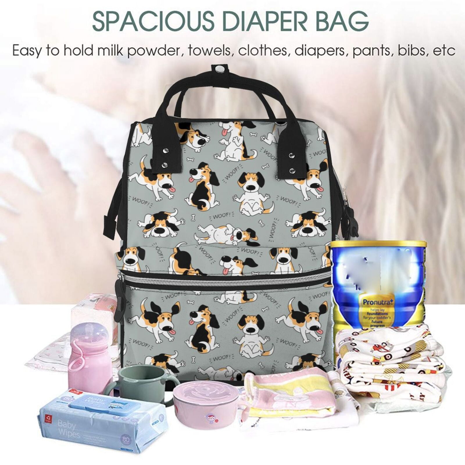 Ratiio Funny Beagle Active Dog Mummy Backpack - Waterproof Twill Canvas, Large Capacity Diaper Bag with Multiple Pockets and Adjustable Straps