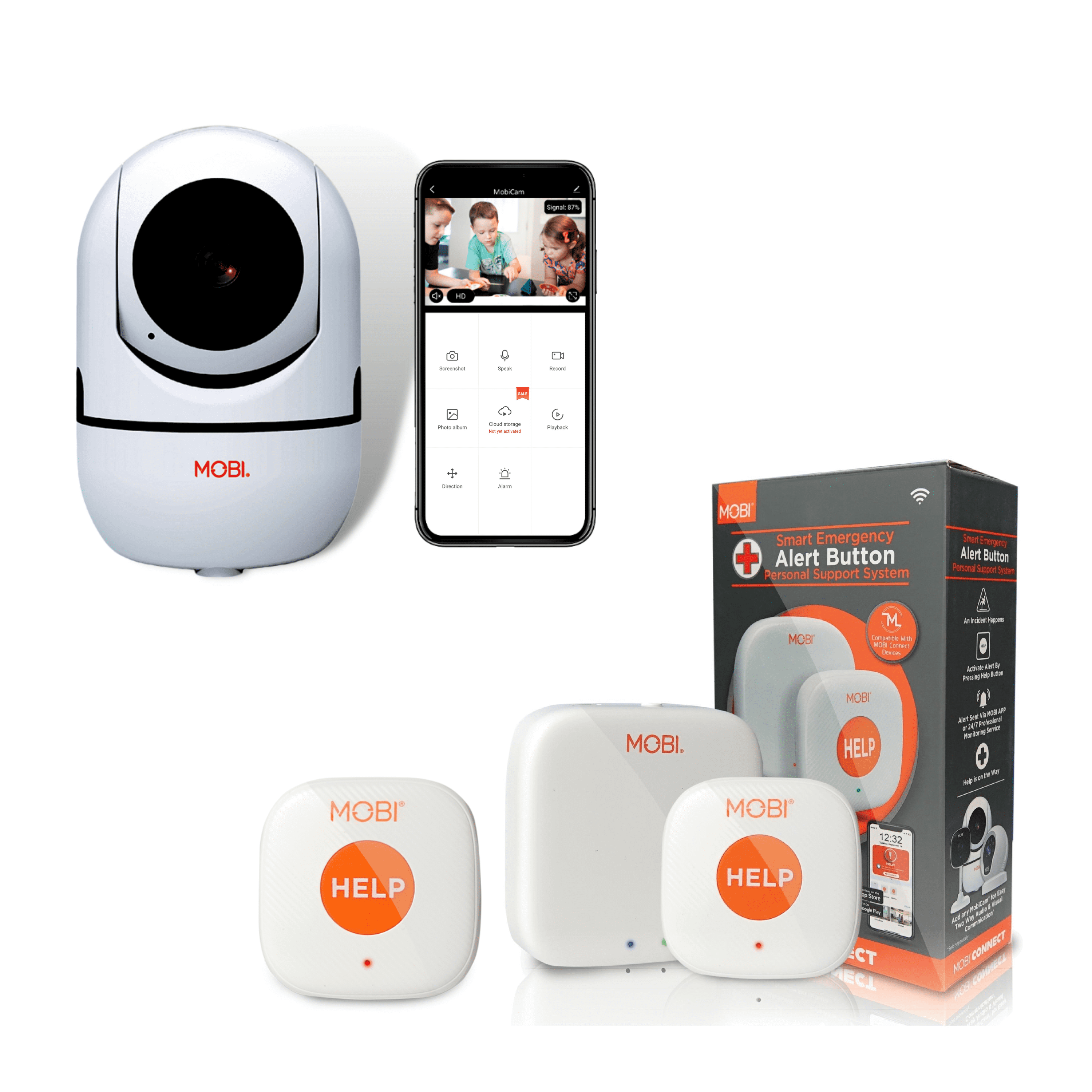 MOBI Connect Safety Plus - 2 SOS Life Alert Buttons, 1 WiFi Hub, 1 HDX  Monitoring Camera