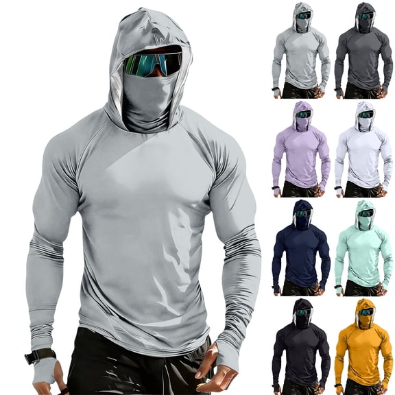 Men's UPF 50  Sun Protection Hoodie with Face Cover and Long Sleeves Featuring Quick Dry Fabric Black L