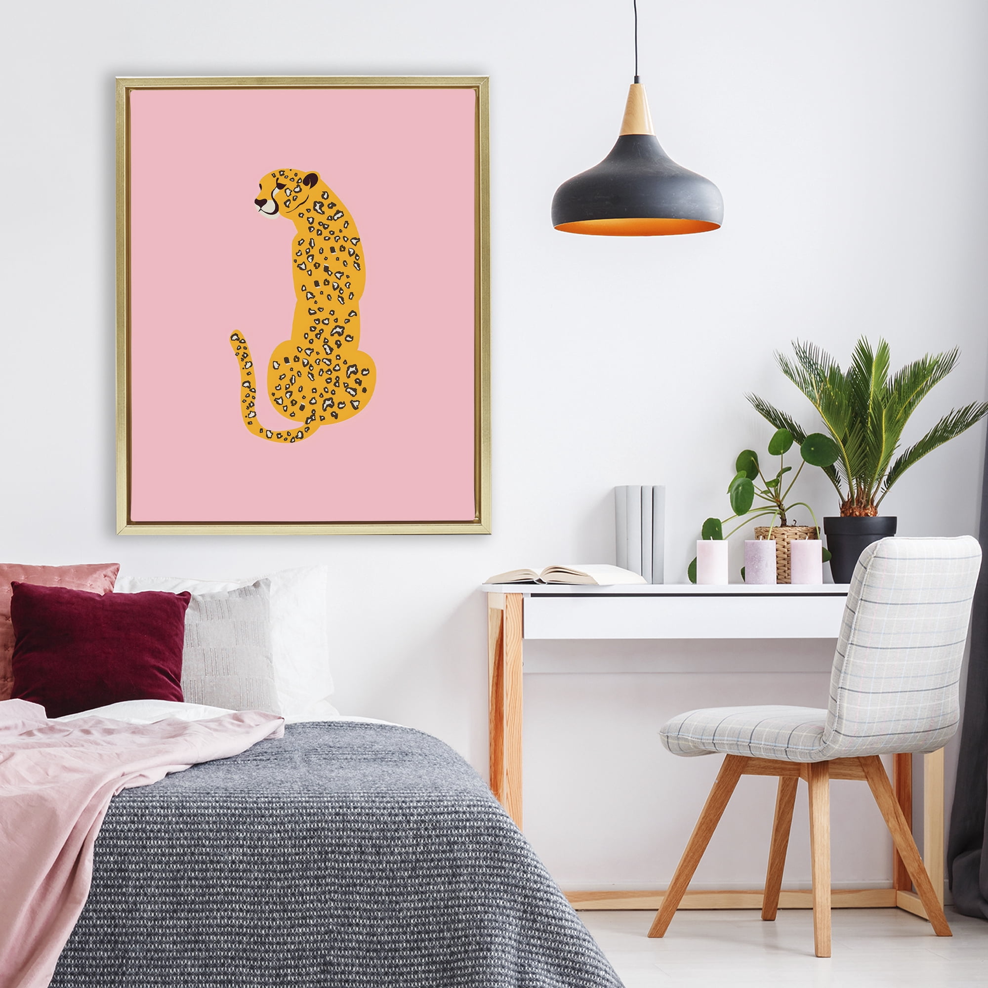 Stupell Industries Yellow Jaguar on Pink Gold Framed Floater Canvas Wall Art, design by Creative Studio
