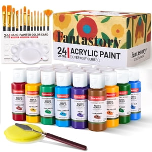 Fantastory Acrylic Paint Set, 24 Colors With 12 Brushes