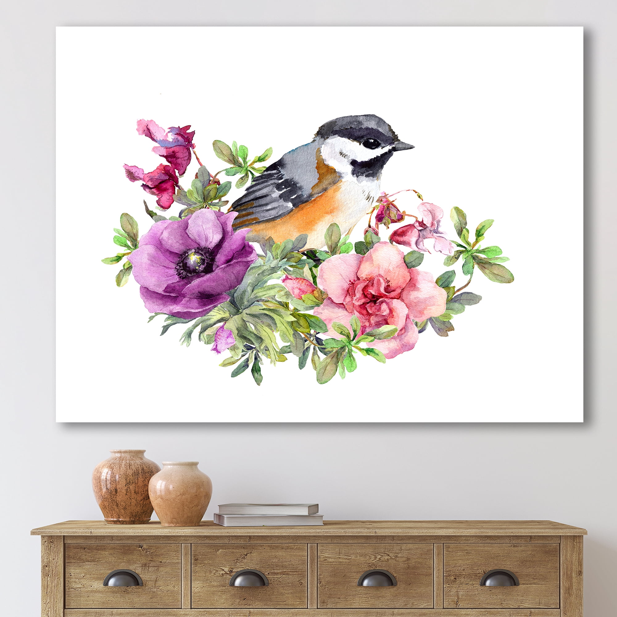 Designart ' Cute Bird In Purple and Pink Flowers ' Traditional Canvas Wall Art Print