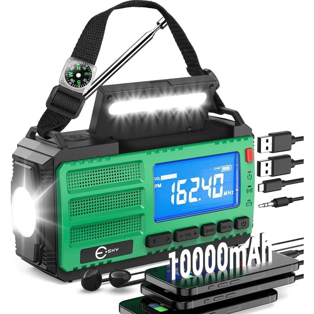 37000mWh Emergency Hand Crank Radio, AM/FM/NOAA Portable Power Bank with Flashlight, Solar Powered Rechargeable Radio with Compass Reading Lamp, SOS for Hurricane Storm Camping Survival