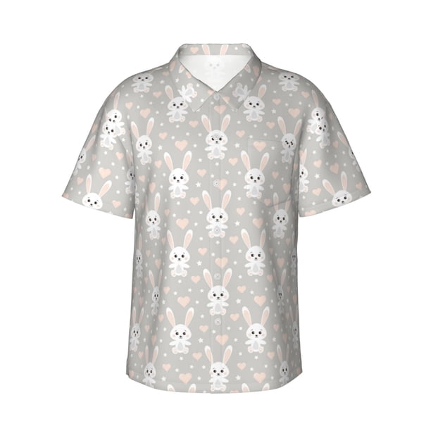 Fotbe Rabbit And Heart Camisa Hawaiana para Hombre Unisex – Camisa Casual de Verano con Botones de Manga Corta de Algodón y Lino,Small