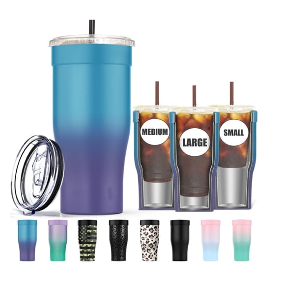 ZEN Universal Iced Coffee Sleeve - Upgraded Double Wall Reusable Stainless Steel Holder Sleeves Insulator for Cold Drinks Fits Starbucks Dunkin Donuts McDonalds Small Medium Large Cup (Blue Purple)