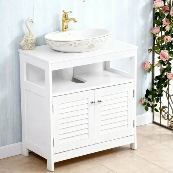 Under Sink Storage Cabinet with 2 Doors Open Shelf U Shape Cut Out Bathroom Under Sink Vanity for Toiletries Makeup