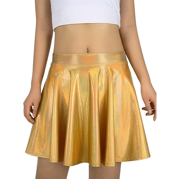 Inevnen Women's Shiny Flared Pleated Mini Skater Skirt Metallic Ballet