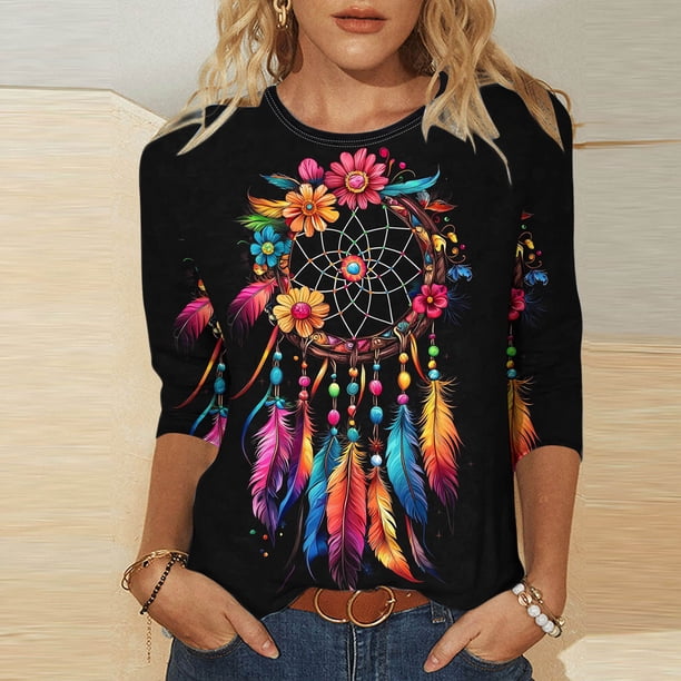 Xuyuer Carnival Style Print T-Shirt - Women's Fashion Loose Round Neck 3/4 Sleeve Top for Daily Wear, Festival Themed Outfits, Playful Seasonal Style & Streetwear Statement Piece