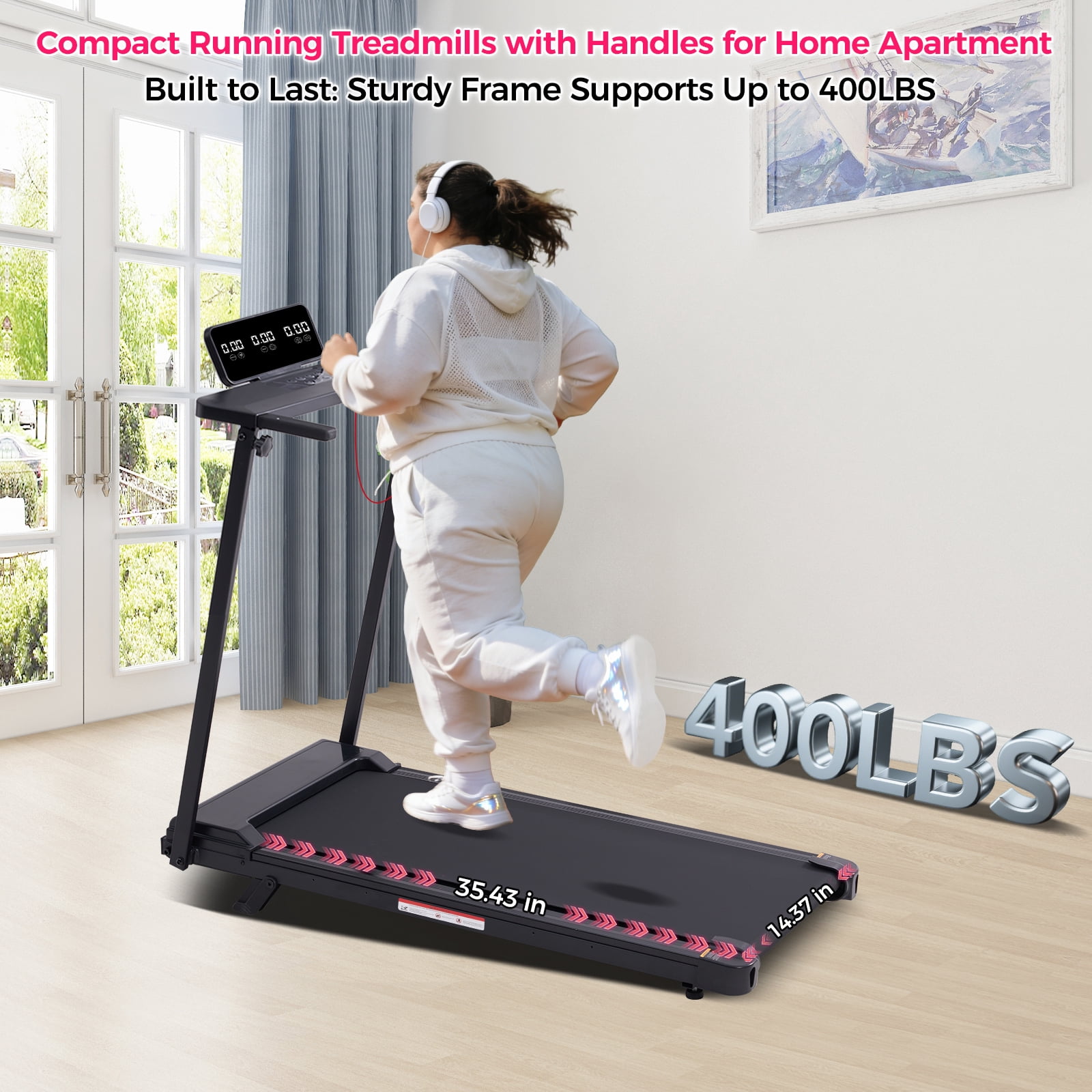 HevGlrm Portable Treadmills for Home Workouts Fitness,3.5HP Walking Pad Treadmill with Handles,Compact Running Treadmill with LED Display,400lbs