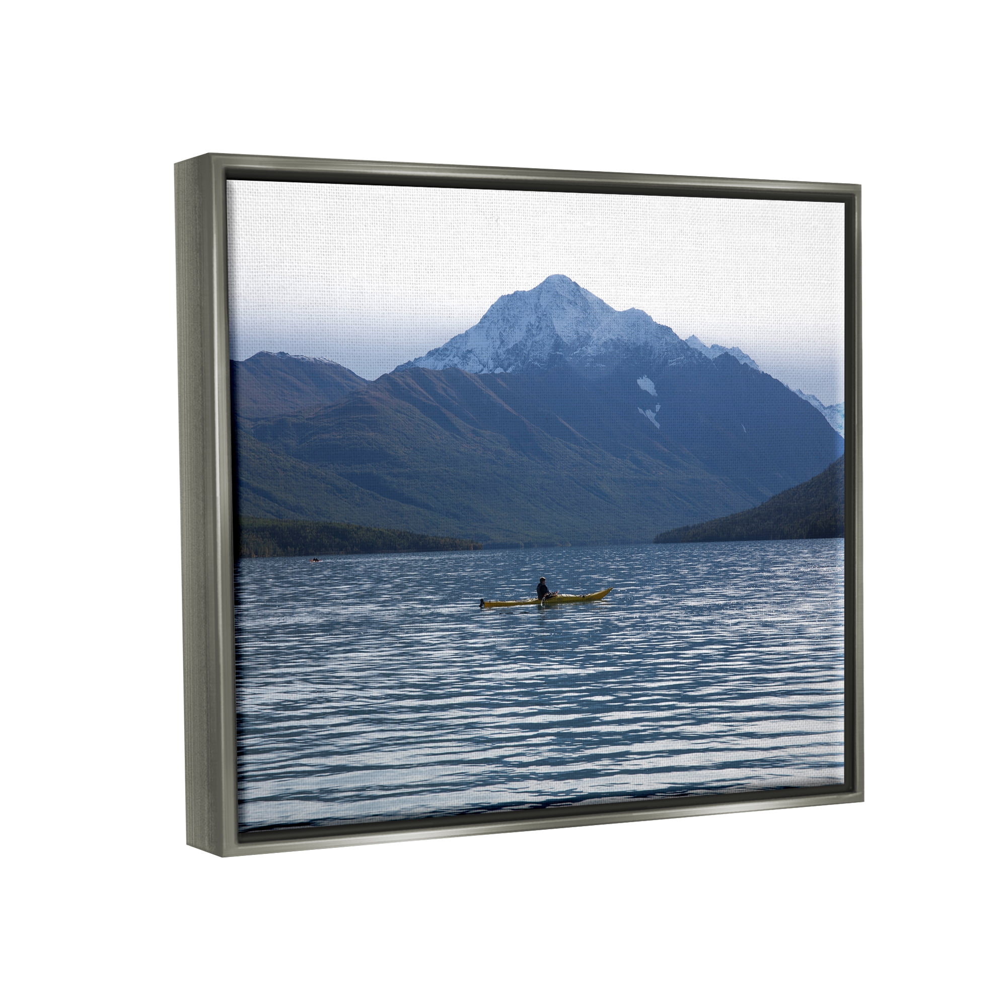 Stupell Industries Canoe & Mountain Lake Landscape Photography Gray Floater Framed Canvas Art Print Wall Art, 21 x 17