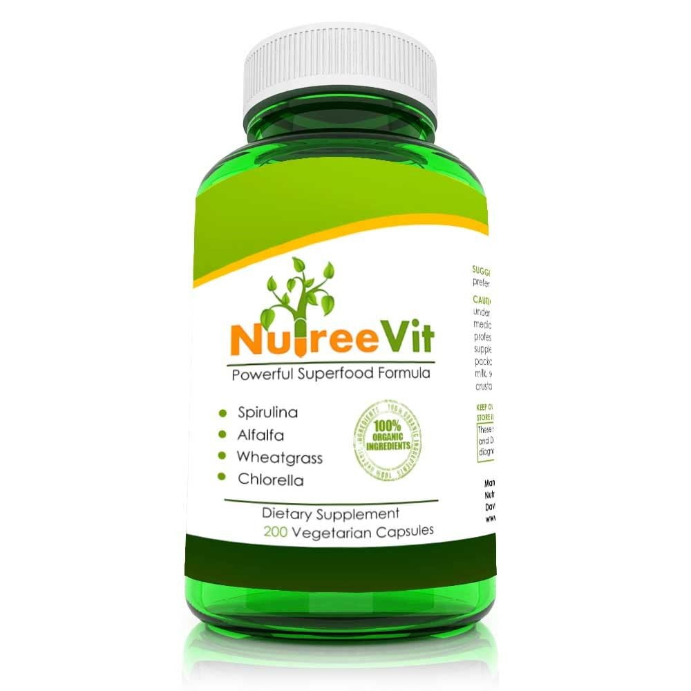 PURE ORGANIC SPIRULINA + ALFALFA + WHEATGRASS + CHLORELLA CAPSULES (500mg)