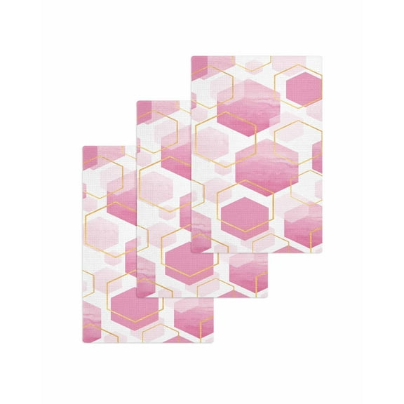 Pink Geometric Kitchen Dish Towels for Drying Dishes Set of 3, Gold White Hexagon Modern Gradient Waffle Weave Microfiber Terry Hand Tea Bathroom Towels Quick Dry & Absorbent Towel 15.7x23.6