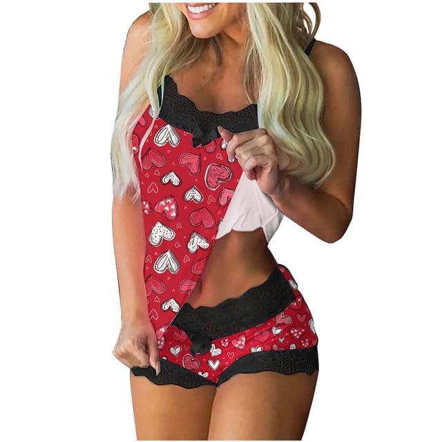Pajama de Encaje para las Mujeres Imprimido Día Camiseta sin Mangas con Pantalones Cortos Parches Casual
